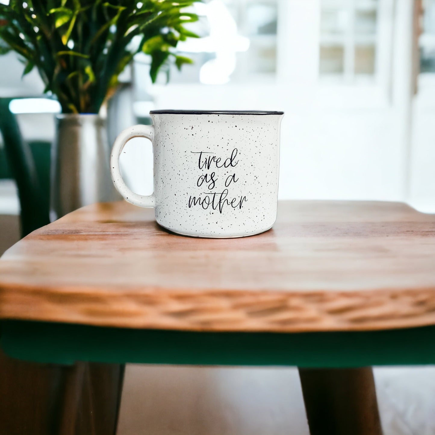 Tired As A Mother Campfire Mug Heavy Duty 15oz Oversized Ceramic Mug White Sesame Glaze Black Rim
