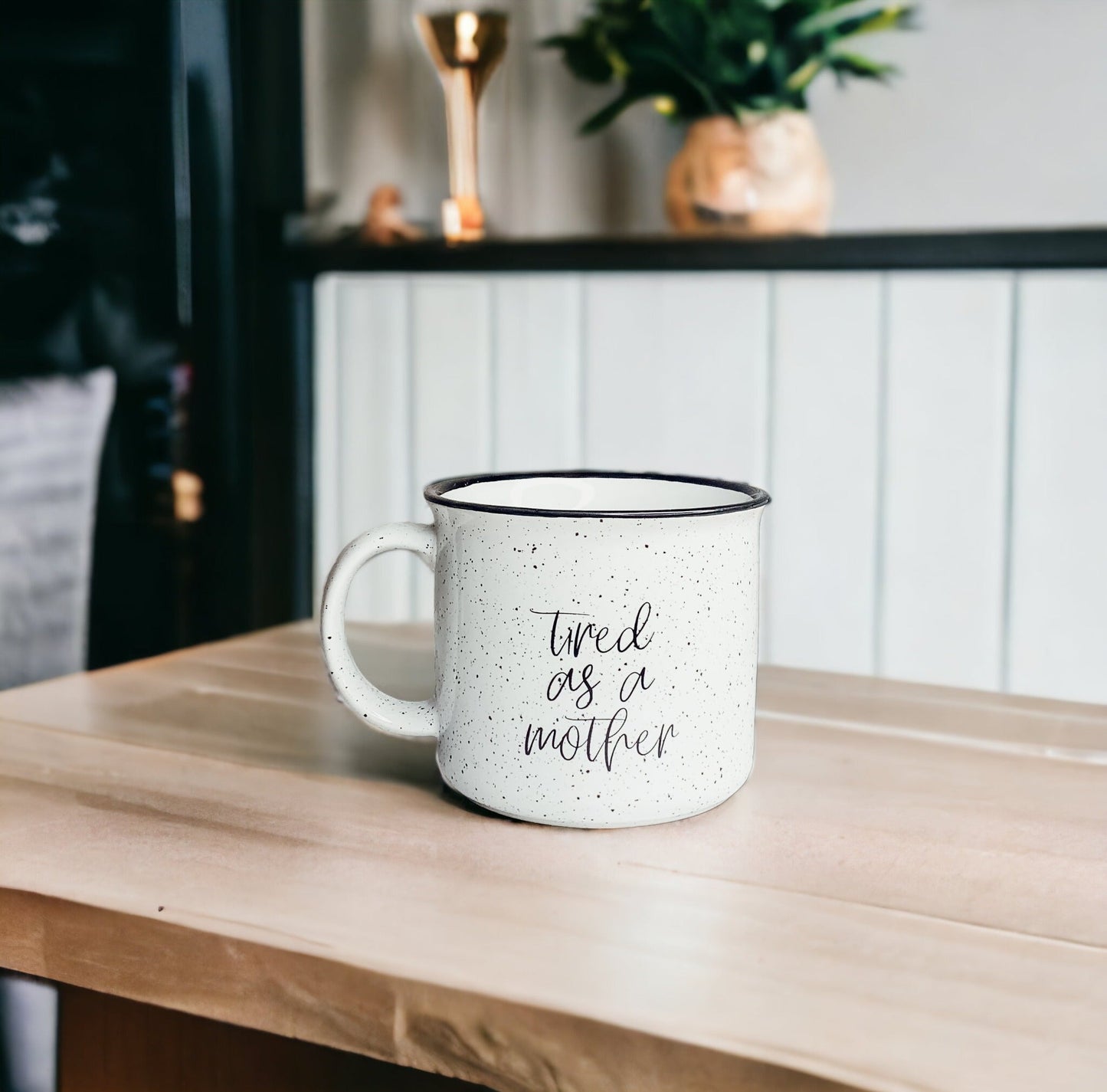 Tired As A Mother Campfire Mug Heavy Duty 15oz Oversized Ceramic Mug White Sesame Glaze Black Rim
