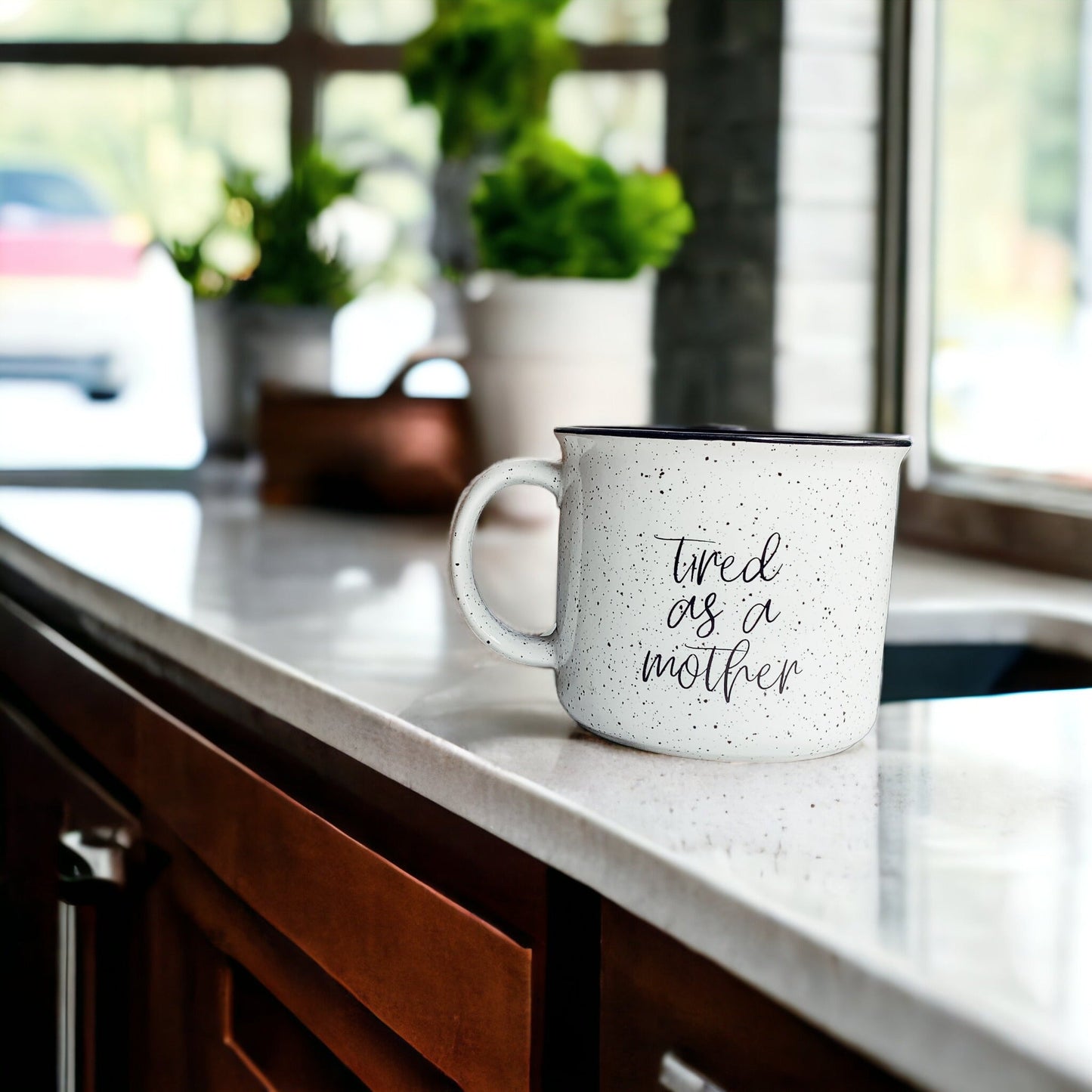 Tired As A Mother Campfire Mug Heavy Duty 15oz Oversized Ceramic Mug White Sesame Glaze Black Rim