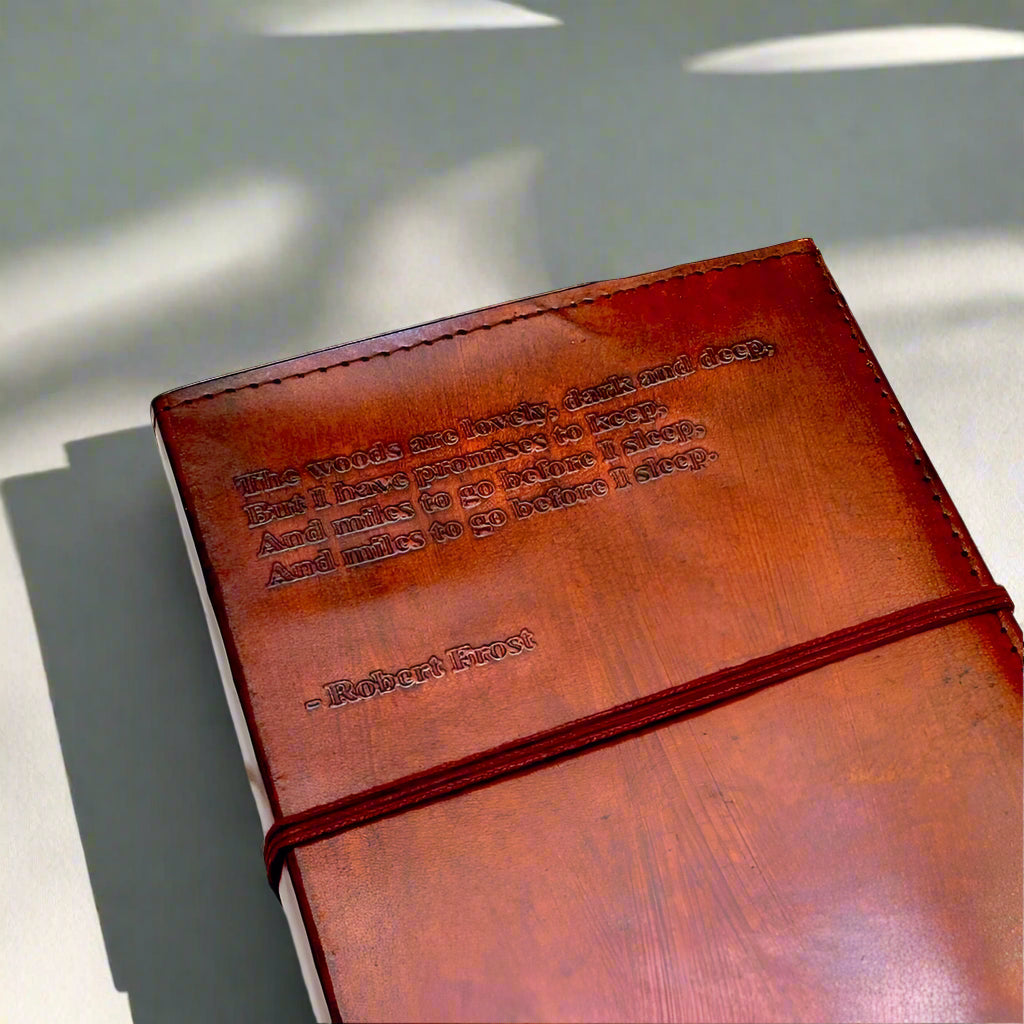 Robert Frost Refillable Leather Journal - "The Woods Are Lovely" Quote