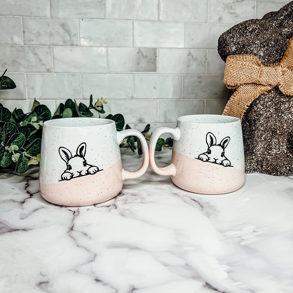 Farmhouse Ceramic Bunny Mug Hand-Painted Ivory With Pastel Pink Base, 12 Oz