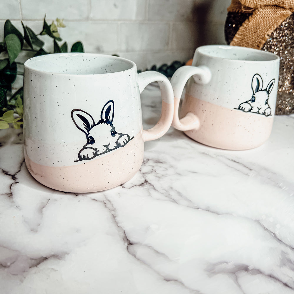 Farmhouse Ceramic Bunny Mug Hand-Painted Ivory With Pastel Pink Base, 12 Oz