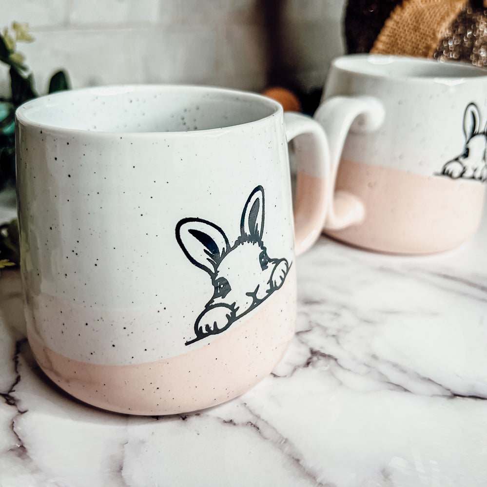 Farmhouse Ceramic Bunny Mug Hand-Painted Ivory With Pastel Pink Base, 12 Oz