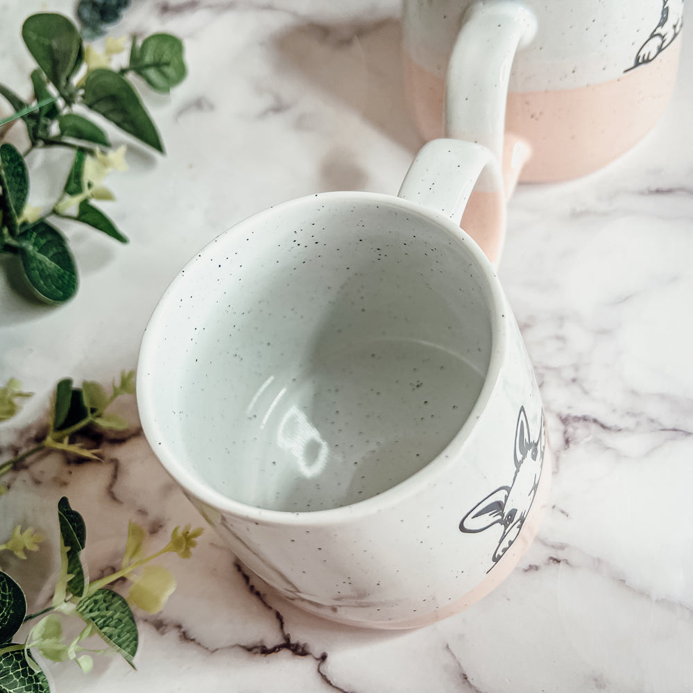 Farmhouse Ceramic Bunny Mug Hand-Painted Ivory With Pastel Pink Base, 12 Oz