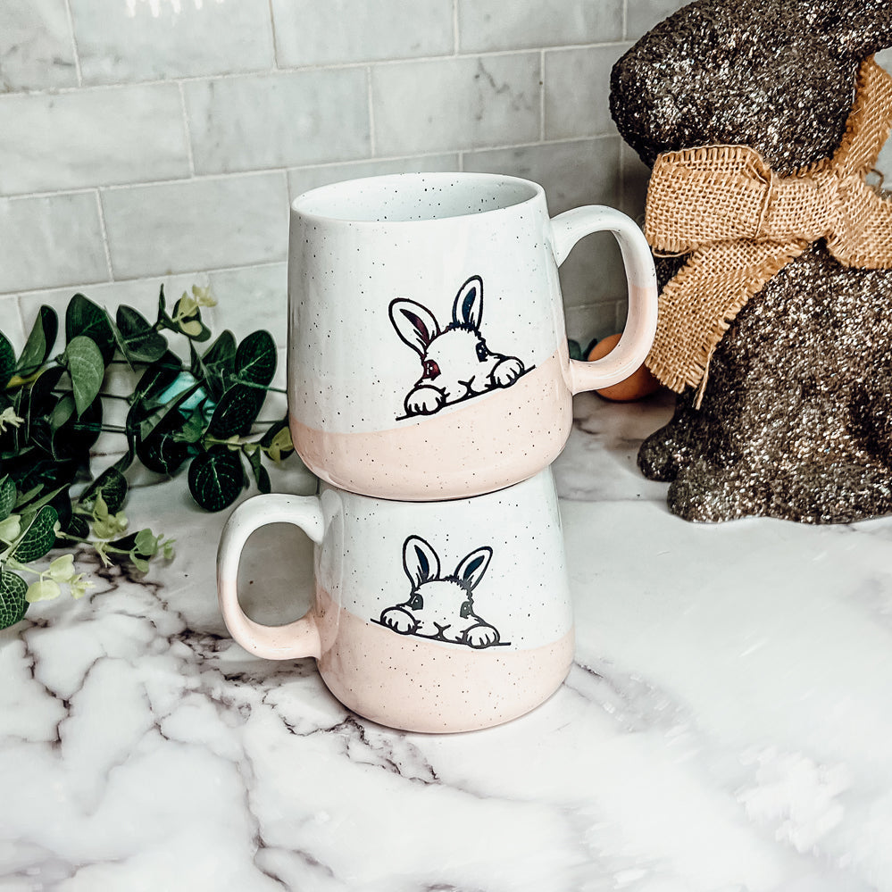 Farmhouse Ceramic Bunny Mug Hand-Painted Ivory With Pastel Pink Base, 12 Oz