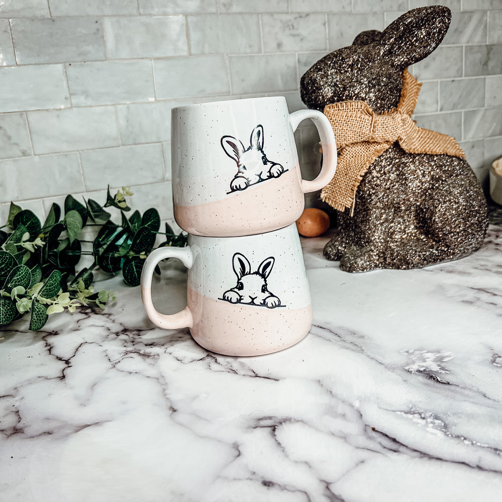 Farmhouse Ceramic Bunny Mug Hand-Painted Ivory With Pastel Pink Base, 12 Oz