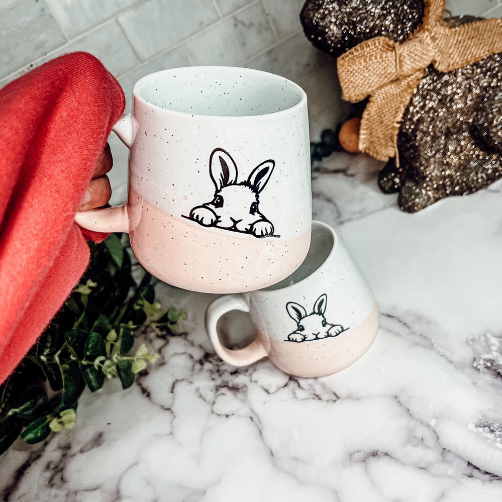 Farmhouse Ceramic Bunny Mug Hand-Painted Ivory With Pastel Pink Base, 12 Oz