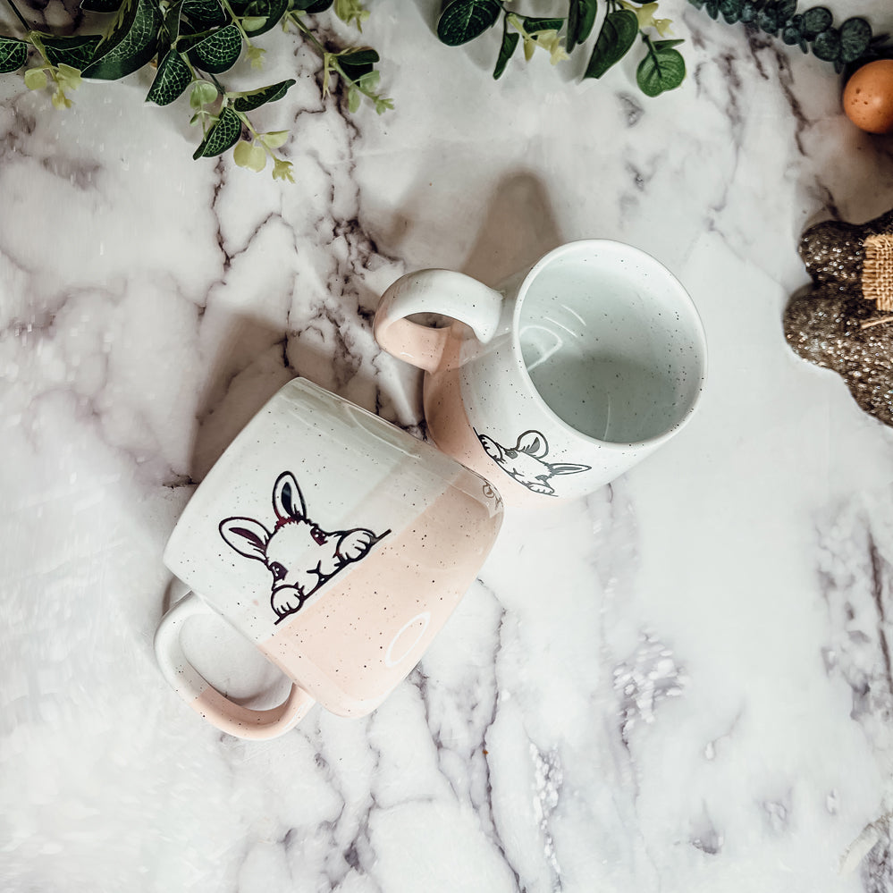 Farmhouse Ceramic Bunny Mug Hand-Painted Ivory With Pastel Pink Base, 12 Oz