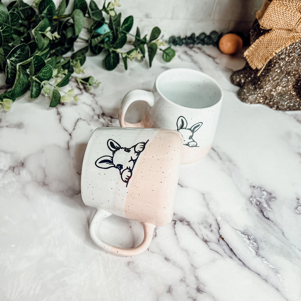 Farmhouse Ceramic Bunny Mug Hand-Painted Ivory With Pastel Pink Base, 12 Oz
