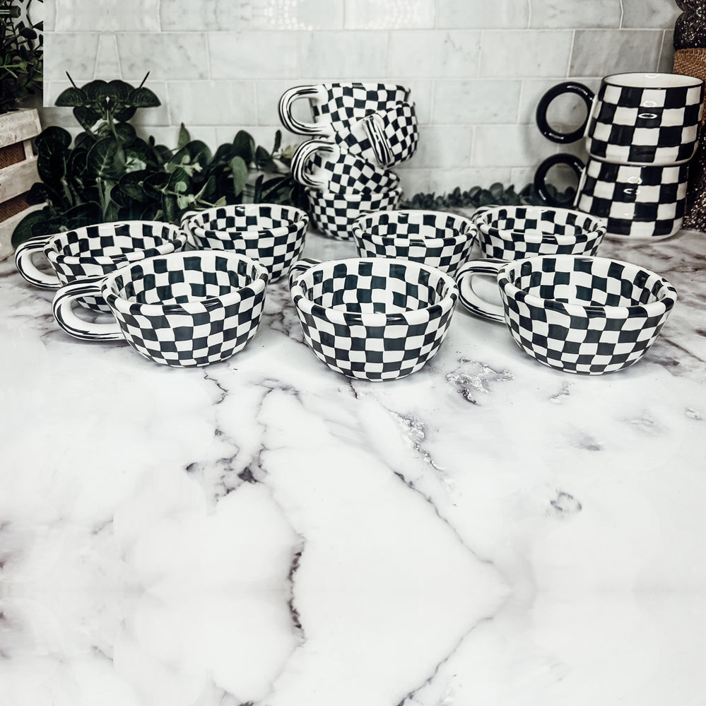 Small Black White Checkered Mug Retro Hand Painted Glossy Ceramic Dishwasher Microwave Safe