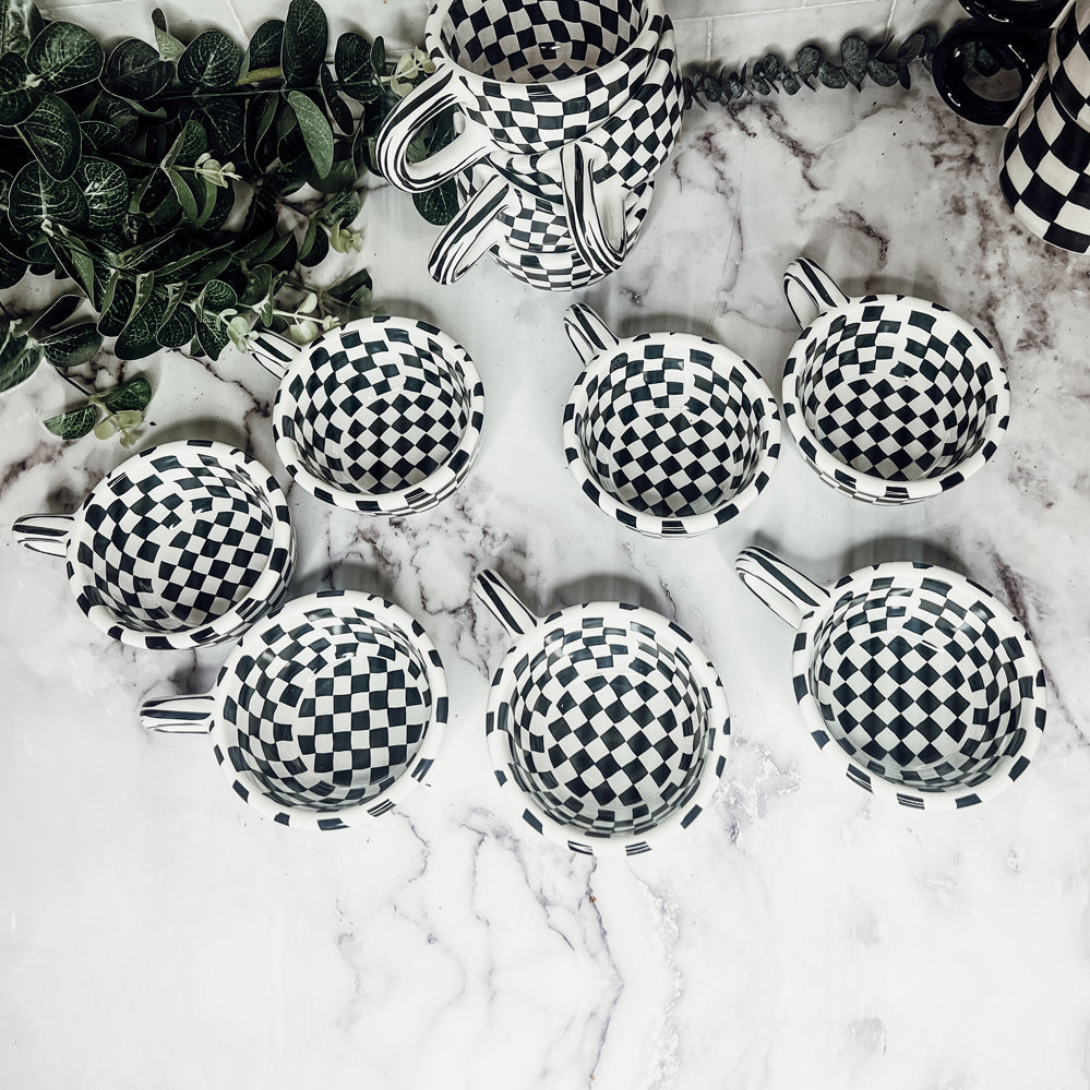Small Black White Checkered Mug Retro Hand Painted Glossy Ceramic Dishwasher Microwave Safe
