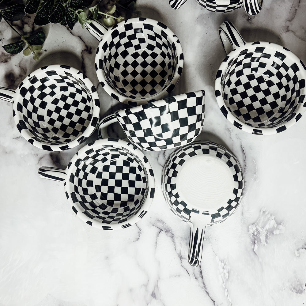 Small Black White Checkered Mug Retro Hand Painted Glossy Ceramic Dishwasher Microwave Safe