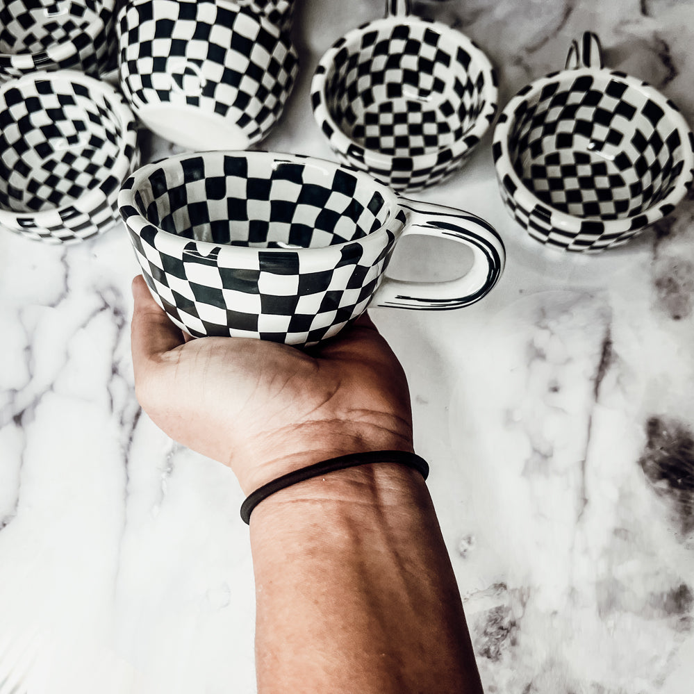 Small Black White Checkered Mug Retro Hand Painted Glossy Ceramic Dishwasher Microwave Safe