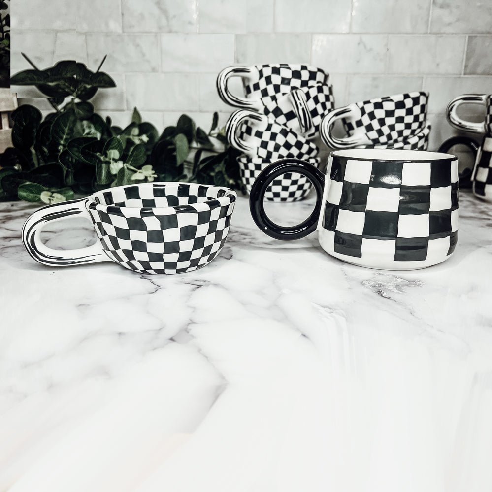 Small Black White Checkered Mug Retro Hand Painted Glossy Ceramic Dishwasher Microwave Safe