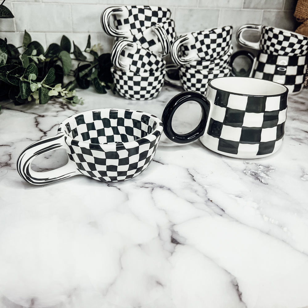 Small Black White Checkered Mug Retro Hand Painted Glossy Ceramic Dishwasher Microwave Safe