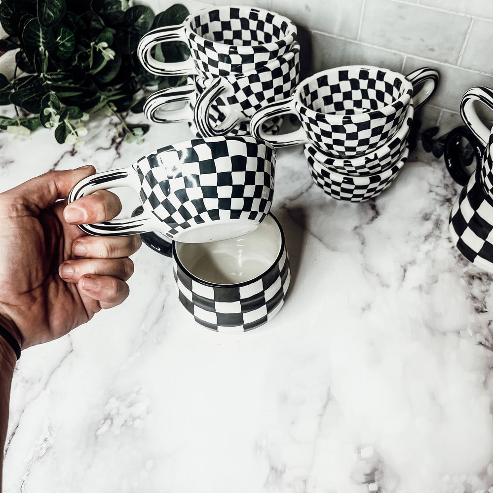 Small Black White Checkered Mug Retro Hand Painted Glossy Ceramic Dishwasher Microwave Safe