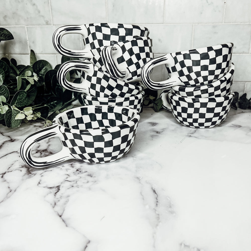 Small Black White Checkered Mug Retro Hand Painted Glossy Ceramic Dishwasher Microwave Safe