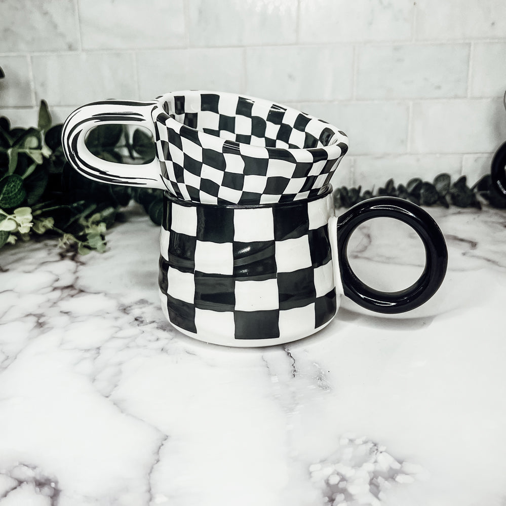 Small Black White Checkered Mug Retro Hand Painted Glossy Ceramic Dishwasher Microwave Safe