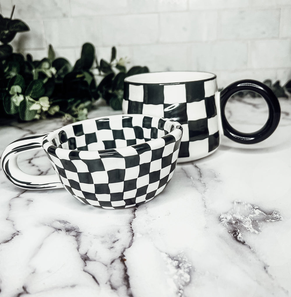 Small Black White Checkered Mug Retro Hand Painted Glossy Ceramic Dishwasher Microwave Safe