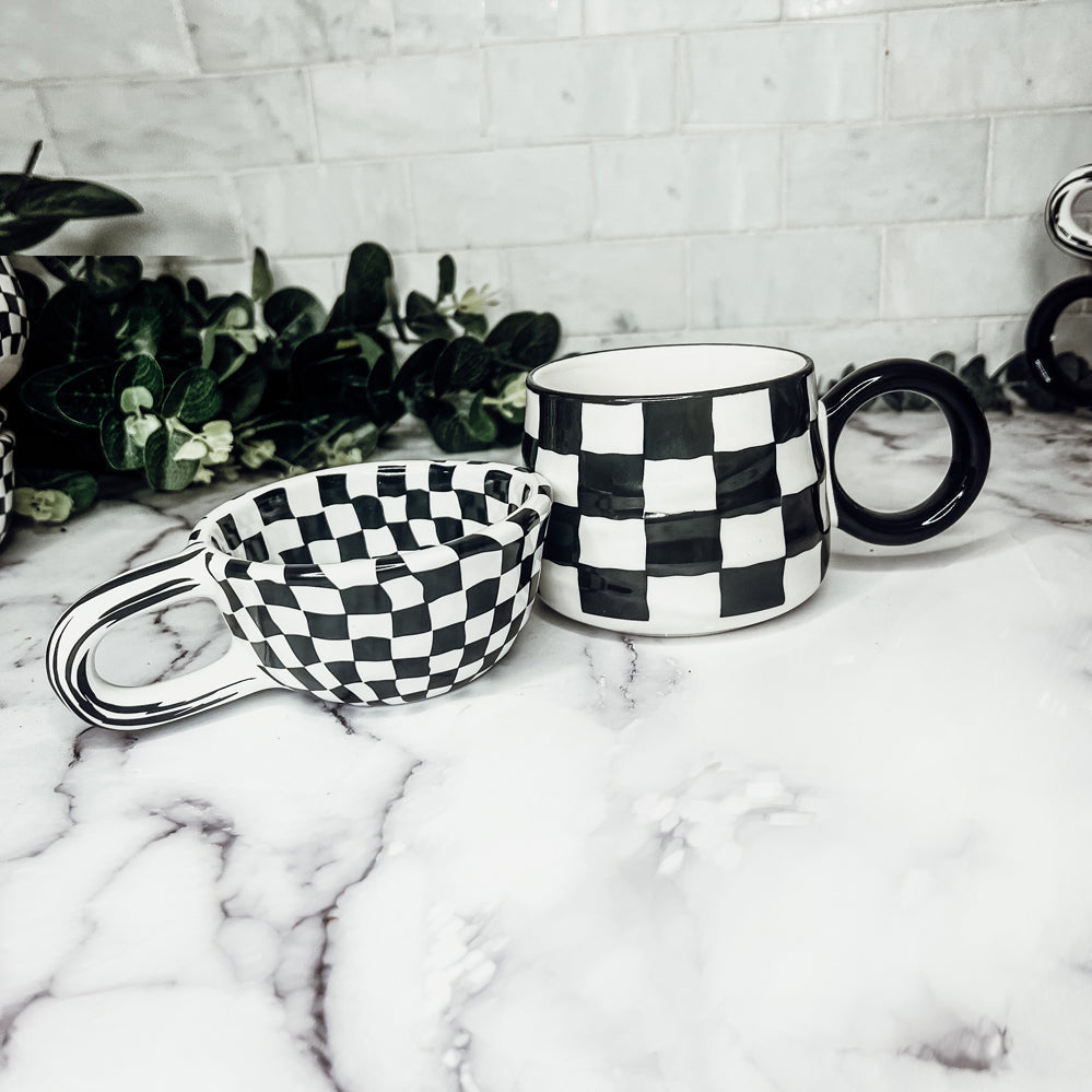 Small Black White Checkered Mug Retro Hand Painted Glossy Ceramic Dishwasher Microwave Safe