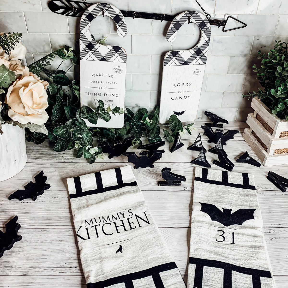 Halloween Tea Towel Bat 31 Vs Mummy Black White Cotton Dish Towel Kitchen Hand Towel Decor