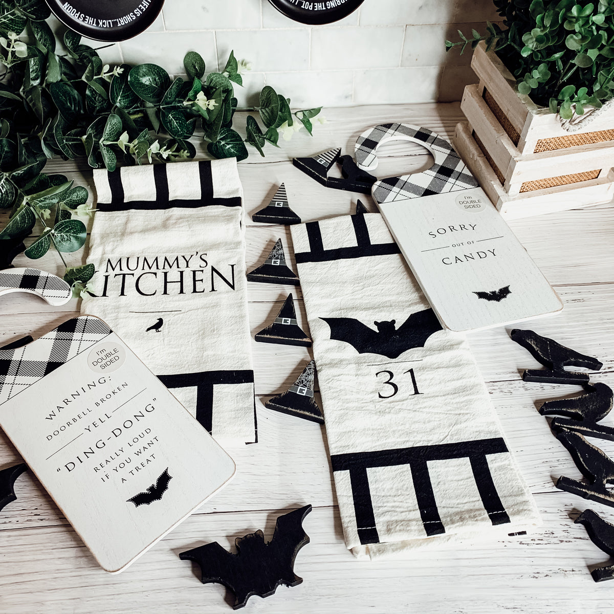 Halloween Tea Towel Bat 31 Vs Mummy Black White Cotton Dish Towel Kitchen Hand Towel Decor
