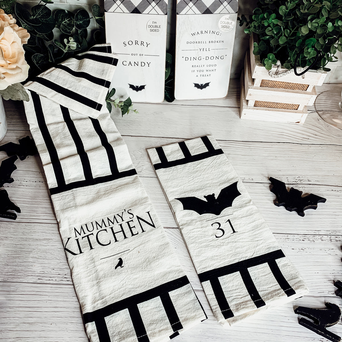Halloween Tea Towel Bat 31 Vs Mummy Black White Cotton Dish Towel Kitchen Hand Towel Decor