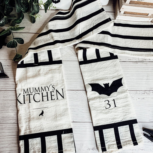 Halloween Tea Towel Bat 31 Vs Mummy Black White Cotton Dish Towel Kitchen Hand Towel Decor