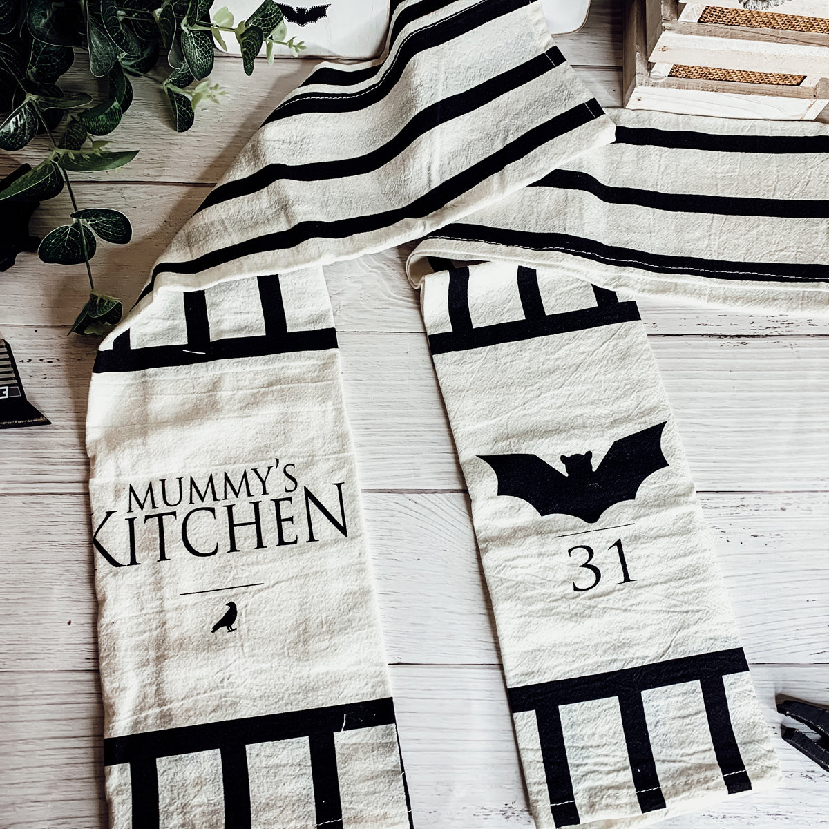 Halloween Tea Towel Bat 31 Vs Mummy Black White Cotton Dish Towel Kitchen Hand Towel Decor