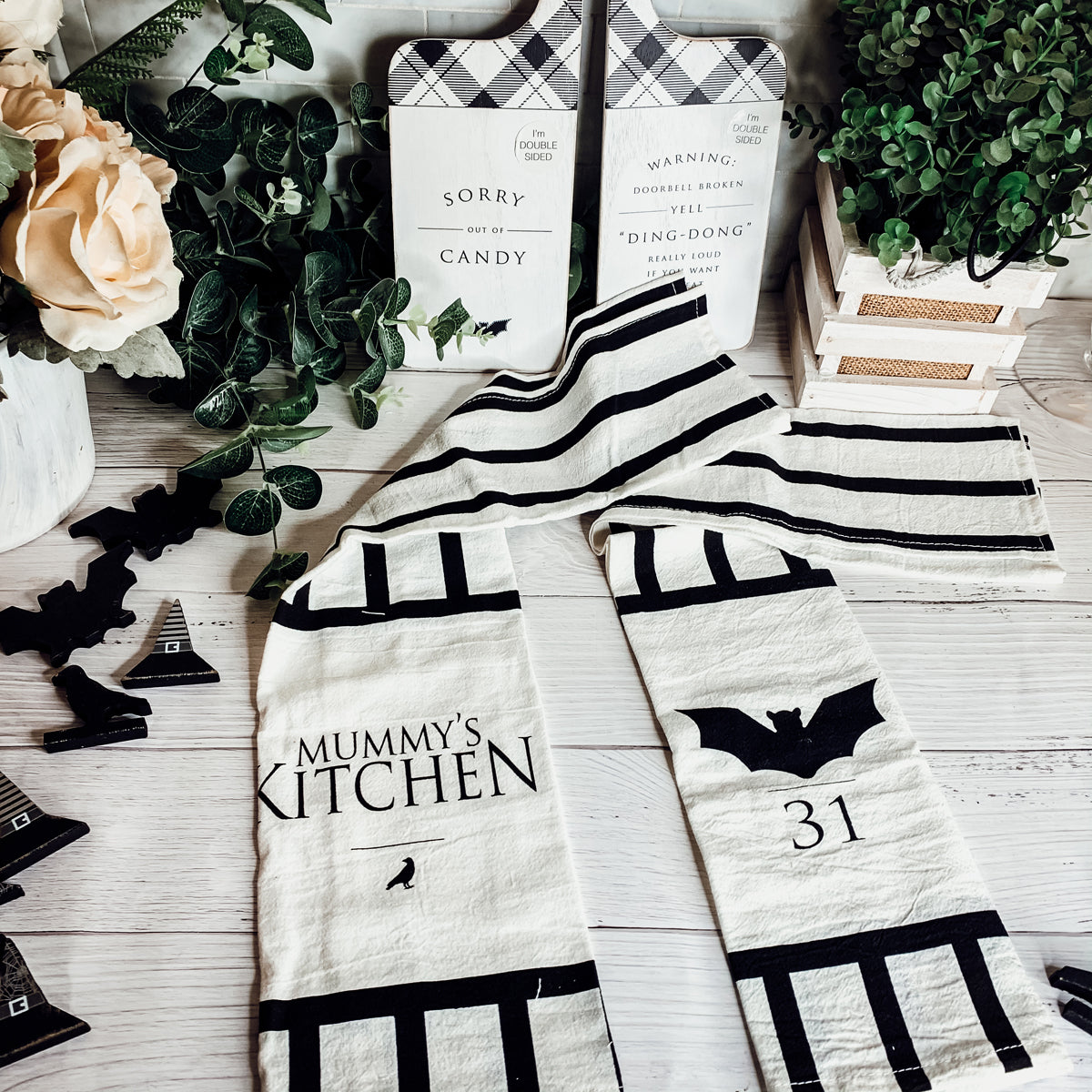 Halloween Tea Towel Bat 31 Vs Mummy Black White Cotton Dish Towel Kitchen Hand Towel Decor