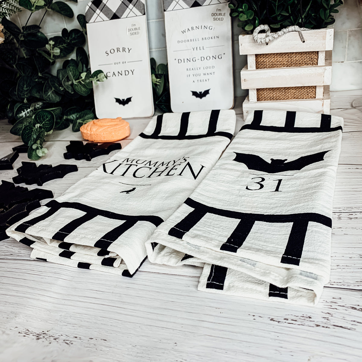 Halloween Tea Towel Bat 31 Vs Mummy Black White Cotton Dish Towel Kitchen Hand Towel Decor