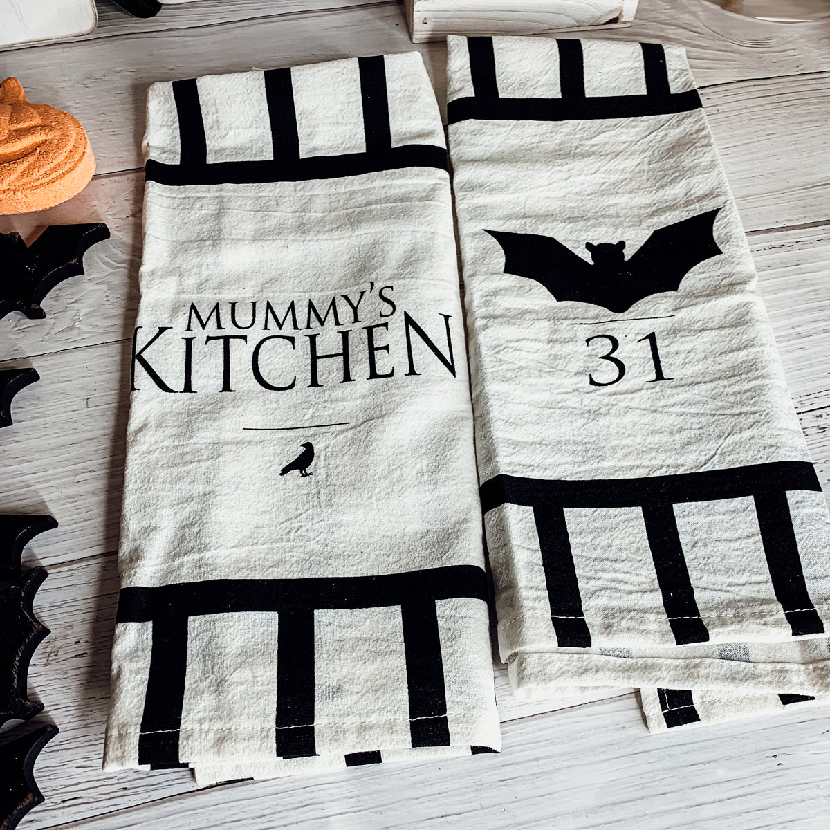 Halloween Tea Towel Bat 31 Vs Mummy Black White Cotton Dish Towel Kitchen Hand Towel Decor