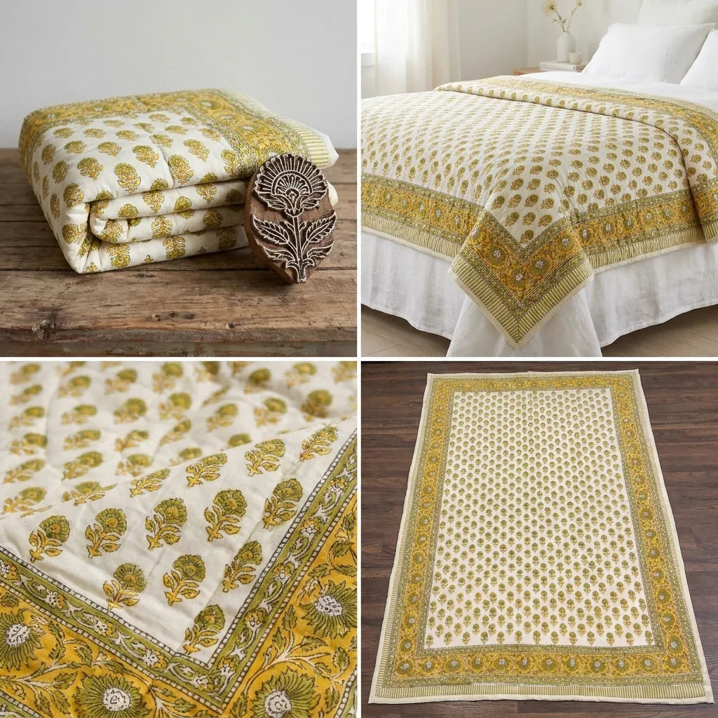 House of Avana Cream & Mustard Yellow Floral Jaipur Indian Hand Block Print Quilted Comforter