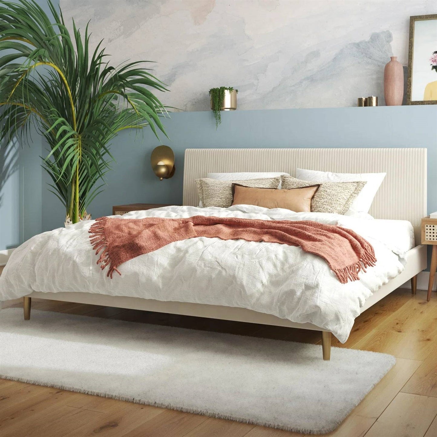 King Mid-Century Off-White Velvet Upholstered Platform Bed Frame with Headboard