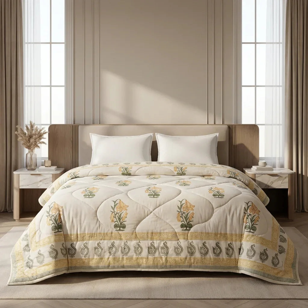 House of Avana Cream & Golden Yellow Floral Jaipur Indian Hand Block Print Quilted Comforter