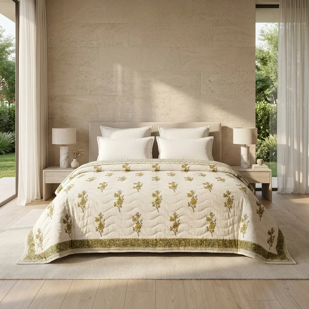 House of Avana Cream & Mustard Yellow Olive Floral Jaipur Indian Hand Block Print Quilted Comforter