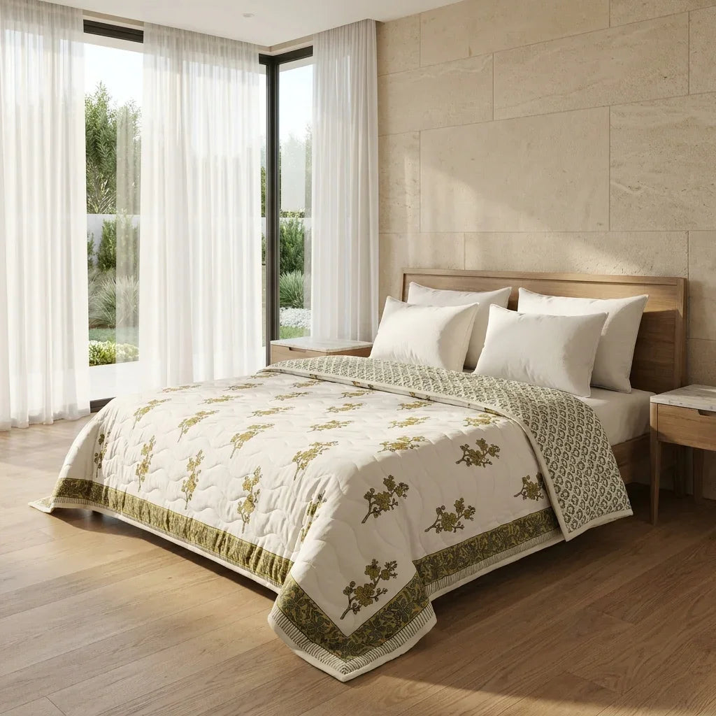 House of Avana Cream & Mustard Yellow Olive Floral Jaipur Indian Hand Block Print Quilted Comforter