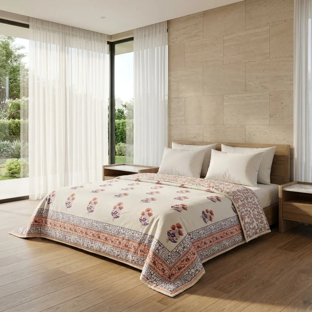House of Avana Lavender Grey & Cream Floral Jaipur Indian Hand Block Print Quilted Comforter
