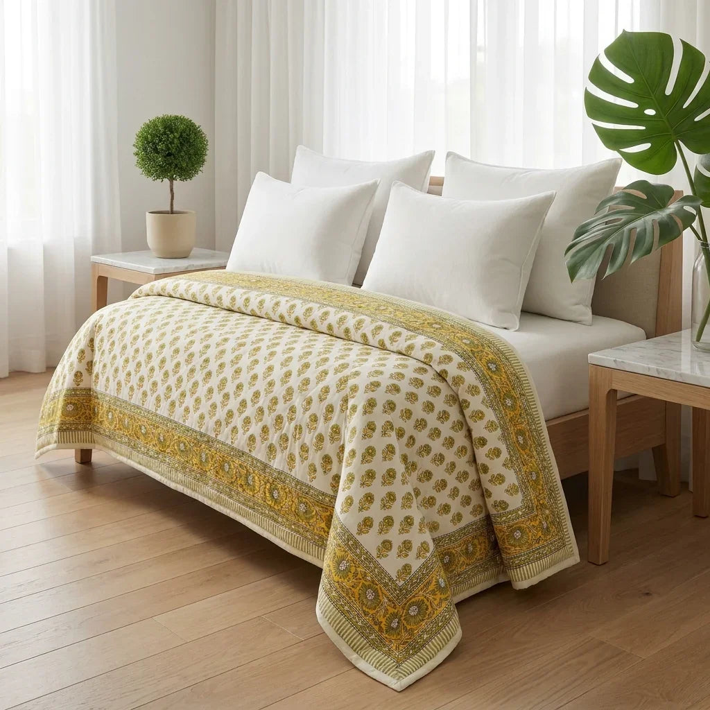 House of Avana Cream & Mustard Yellow Floral Jaipur Indian Hand Block Print Quilted Comforter