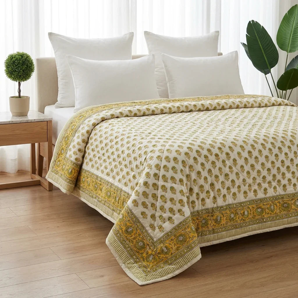 House of Avana Cream & Mustard Yellow Floral Jaipur Indian Hand Block Print Quilted Comforter