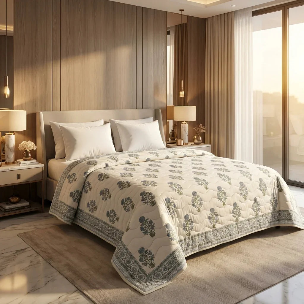 House of Avana Cream & Dusty Blue Floral Jaipur Indian Hand Block Print Quilted Comforter