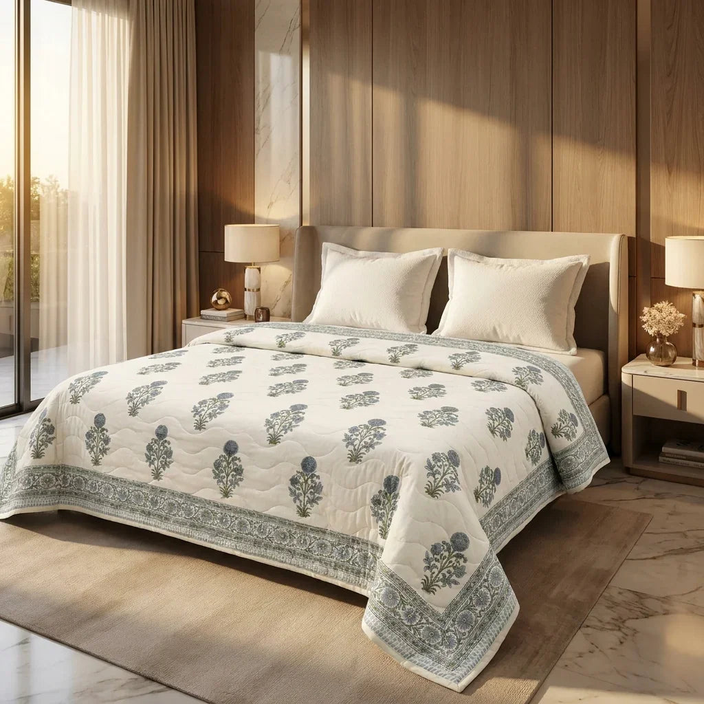 House of Avana Cream & Dusty Blue Floral Jaipur Indian Hand Block Print Quilted Comforter