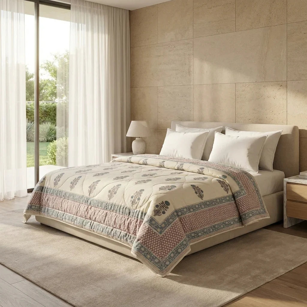 House of Avana Cream & Slate Blue Floral Jaipur Indian Hand Block Print Quilted Comforter