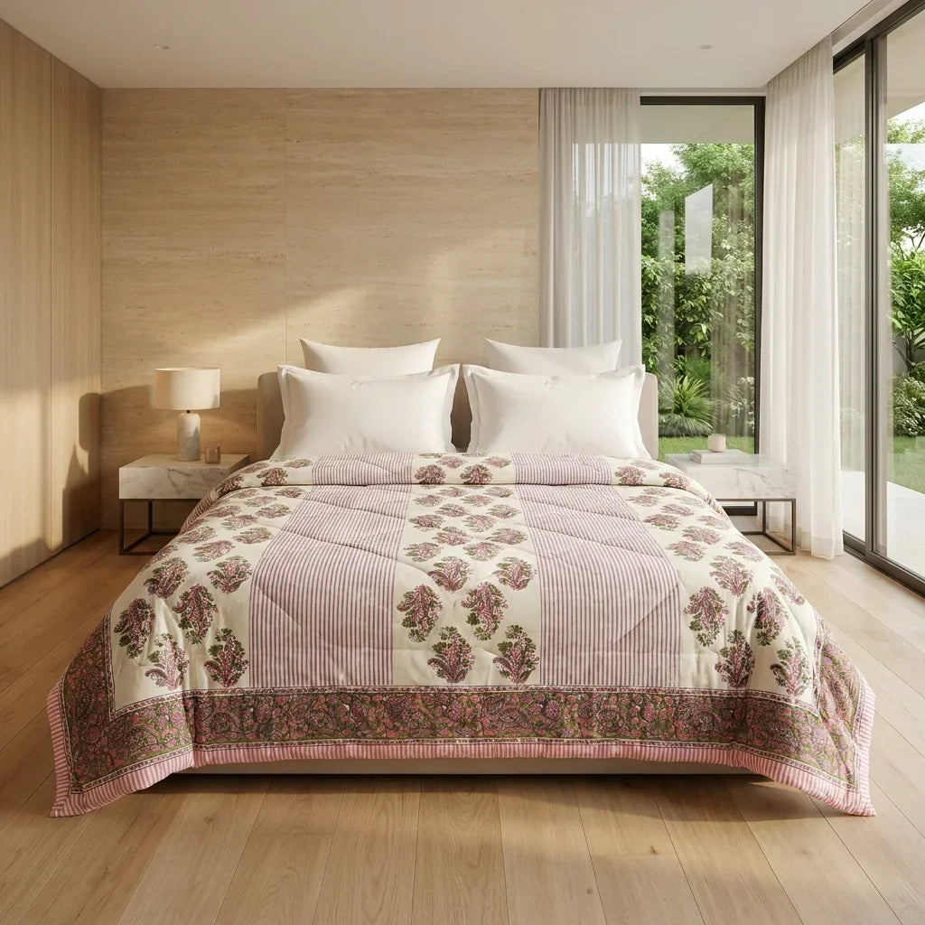House of Avana Cream & Deep Pink Floral Jaipur Indian Hand Block Print Quilted Comforter