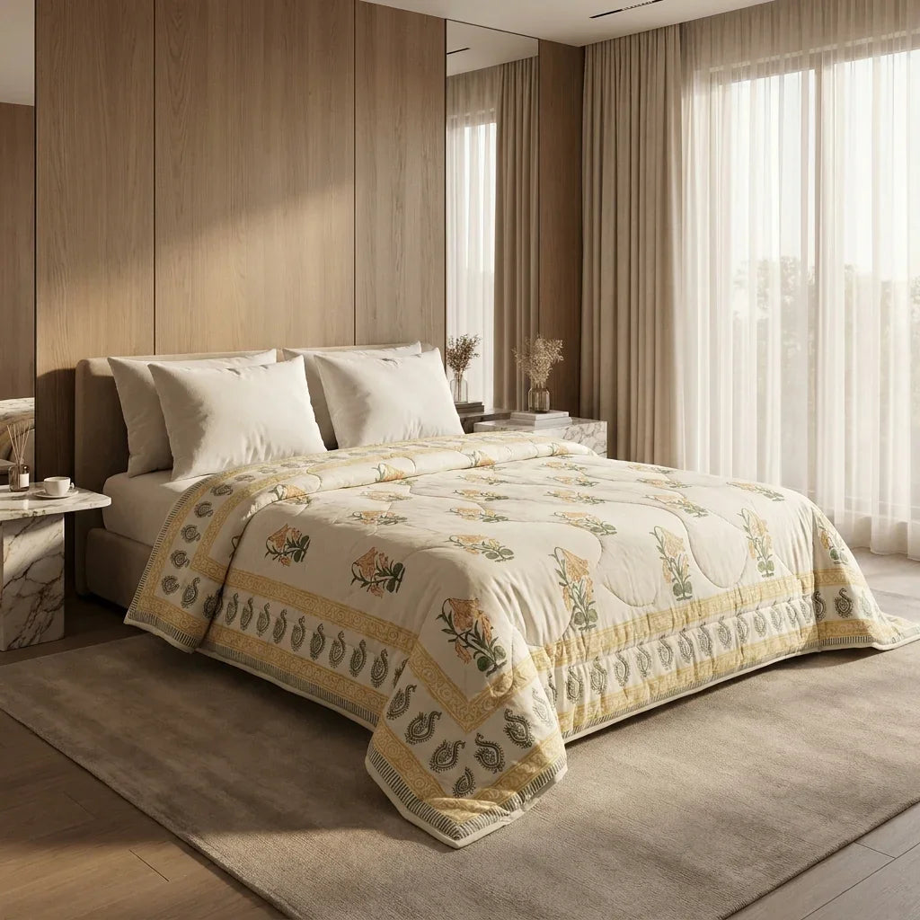 House of Avana Cream & Golden Yellow Floral Jaipur Indian Hand Block Print Quilted Comforter