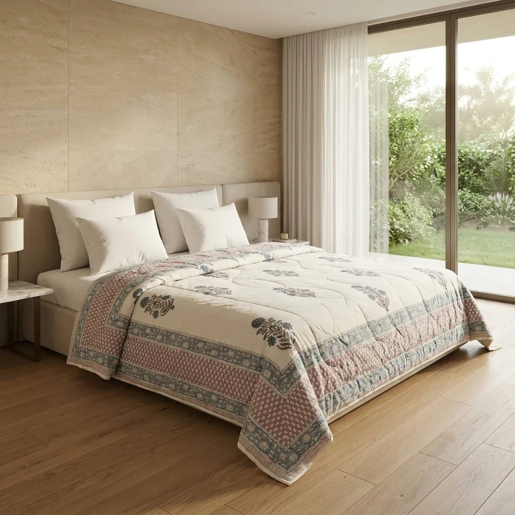 House of Avana Cream & Slate Blue Floral Jaipur Indian Hand Block Print Quilted Comforter