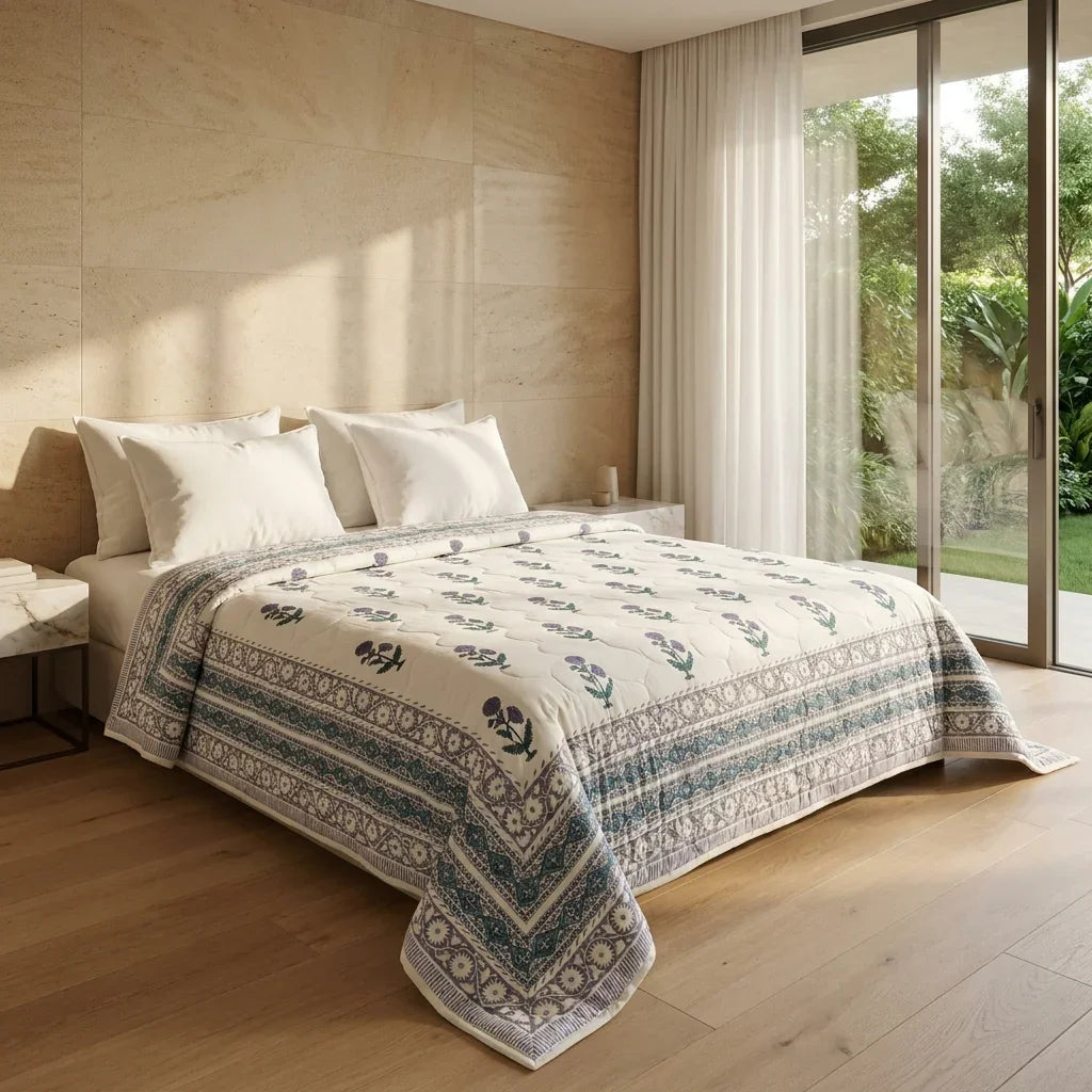 House of Avana Cream & Indigo Blue Floral Jaipur Indian Hand Block Print Quilted Comforter