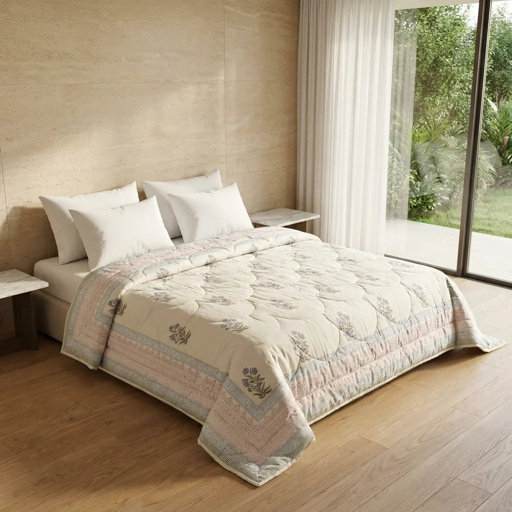 House of Avana Cream & Burgundy Slate Floral Jaipur Indian Hand Block Print Quilted Comforter