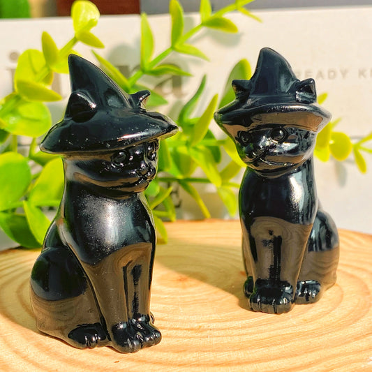 Obsidian Cat Witch Hat Statue