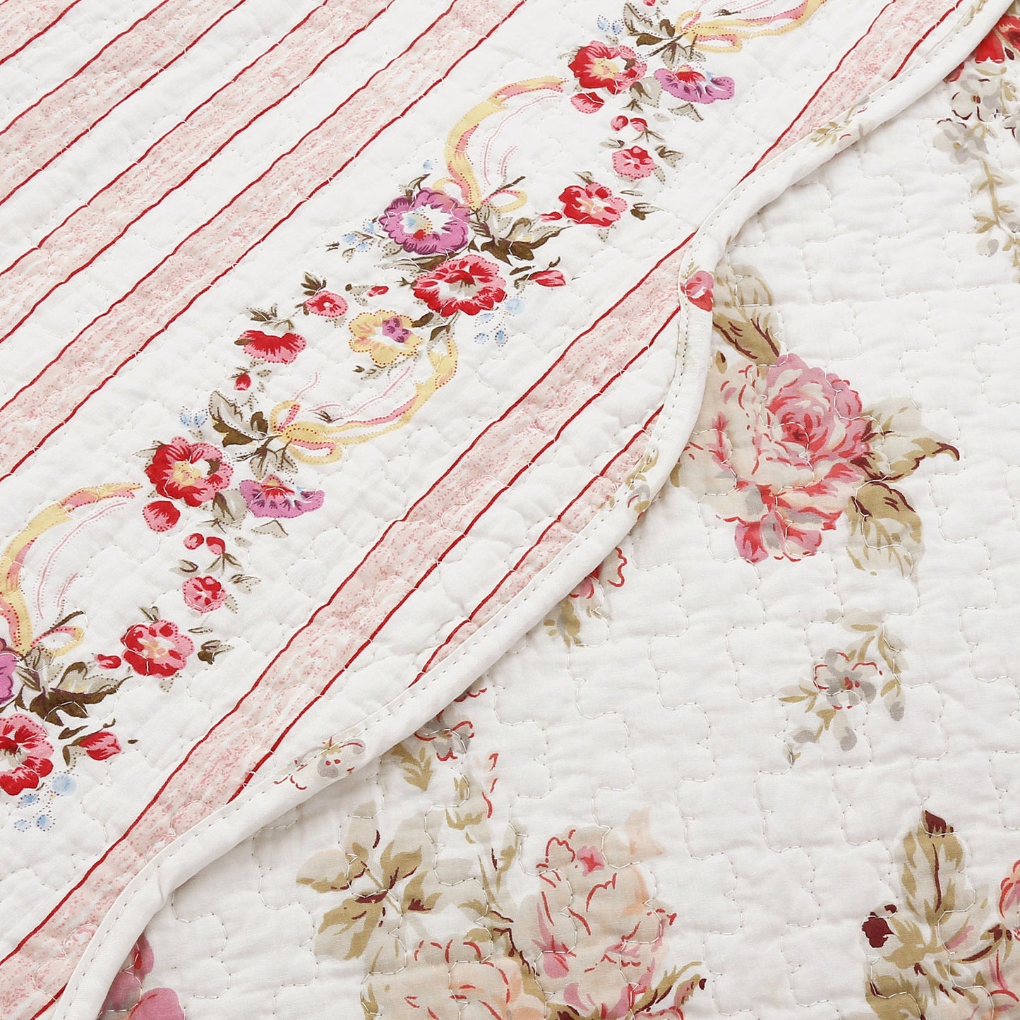 Spring Rose Floral Scalloped Cotton Quilted Reversible Decor Throw Blanket